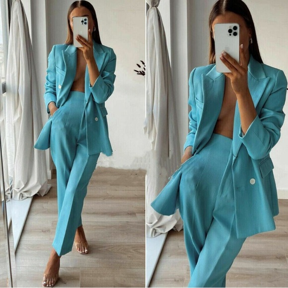 Zara teal blue suit // blazer & high waisted trousers - Picture 2 of 7